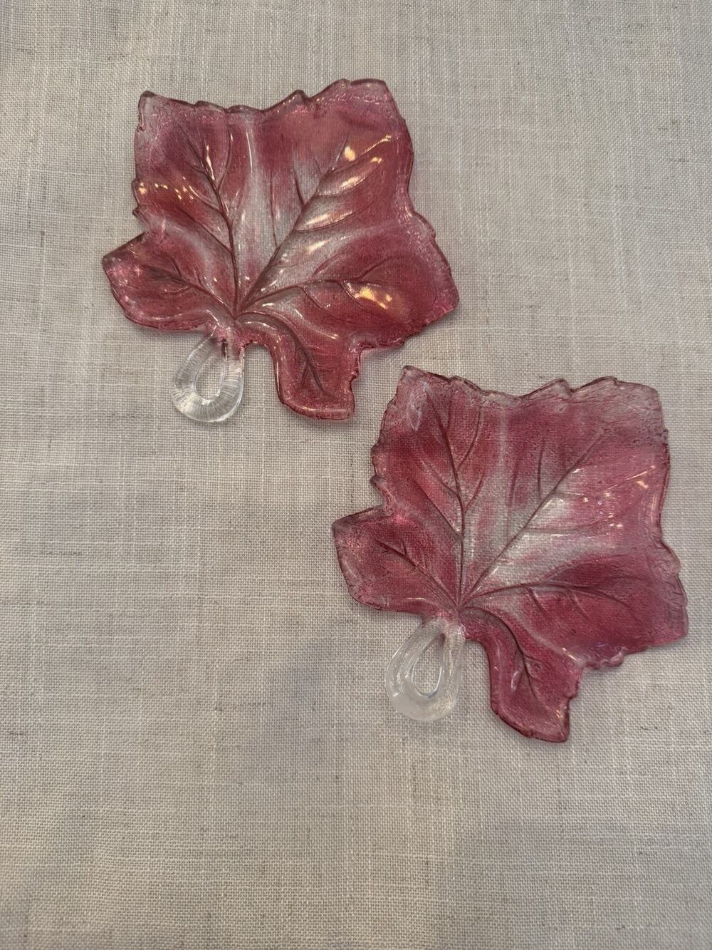 Vintage Pink Art Glass Maple Leaf Dishes Clear Stem Set of 2 Fall Decor